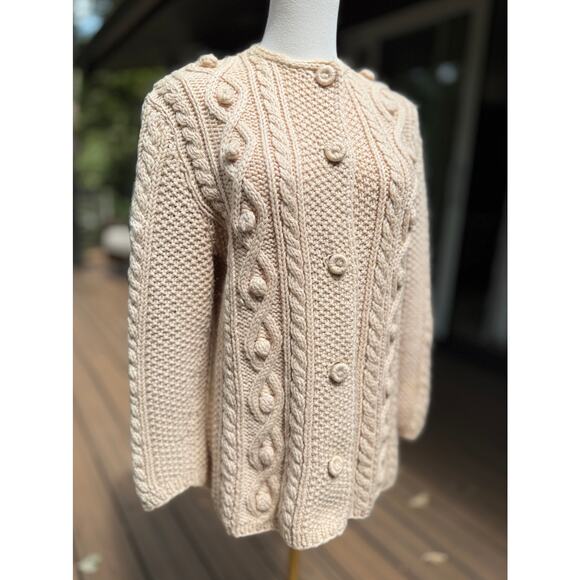 Cable Knit Cream Fisherman Long Cardigan Handmade S Preppy Nautical Academia - Picture 2 of 7